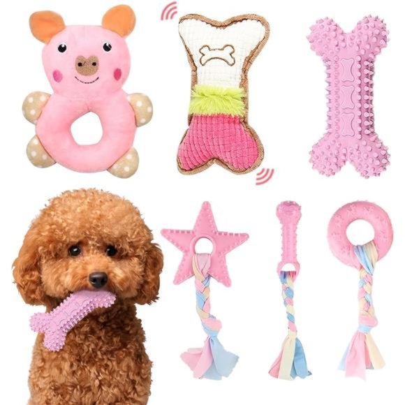 6 Pack Puppy Toys for Teething Small Dogs, Cute Pink Dog Chew Toys for Puppies - Picture 1 of 7